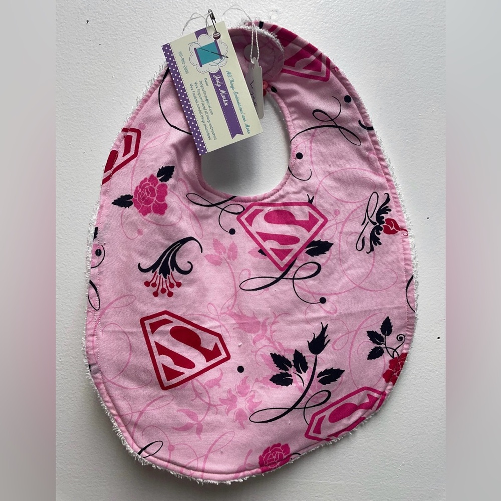 Pink Superhero Handmade Baby Bib - Soft Cotton Infant Unique Shower Gift